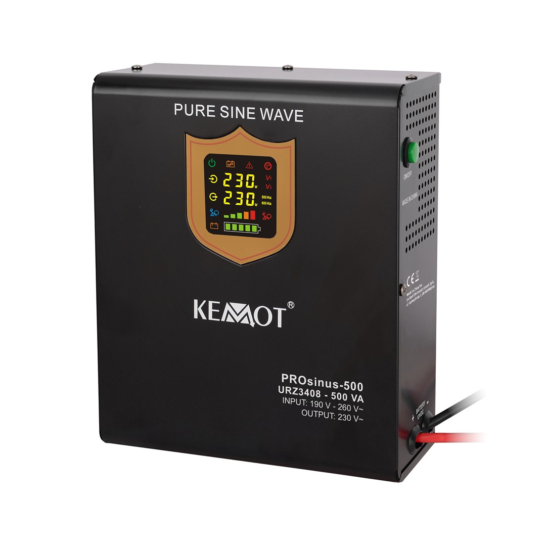Zasilacz awaryjny naścienny KEMOT PROsinus-500 przetwornica z czystym przebiegiem sinusoidalnym i funkcją ładowania 12V 230V 500VA/300W