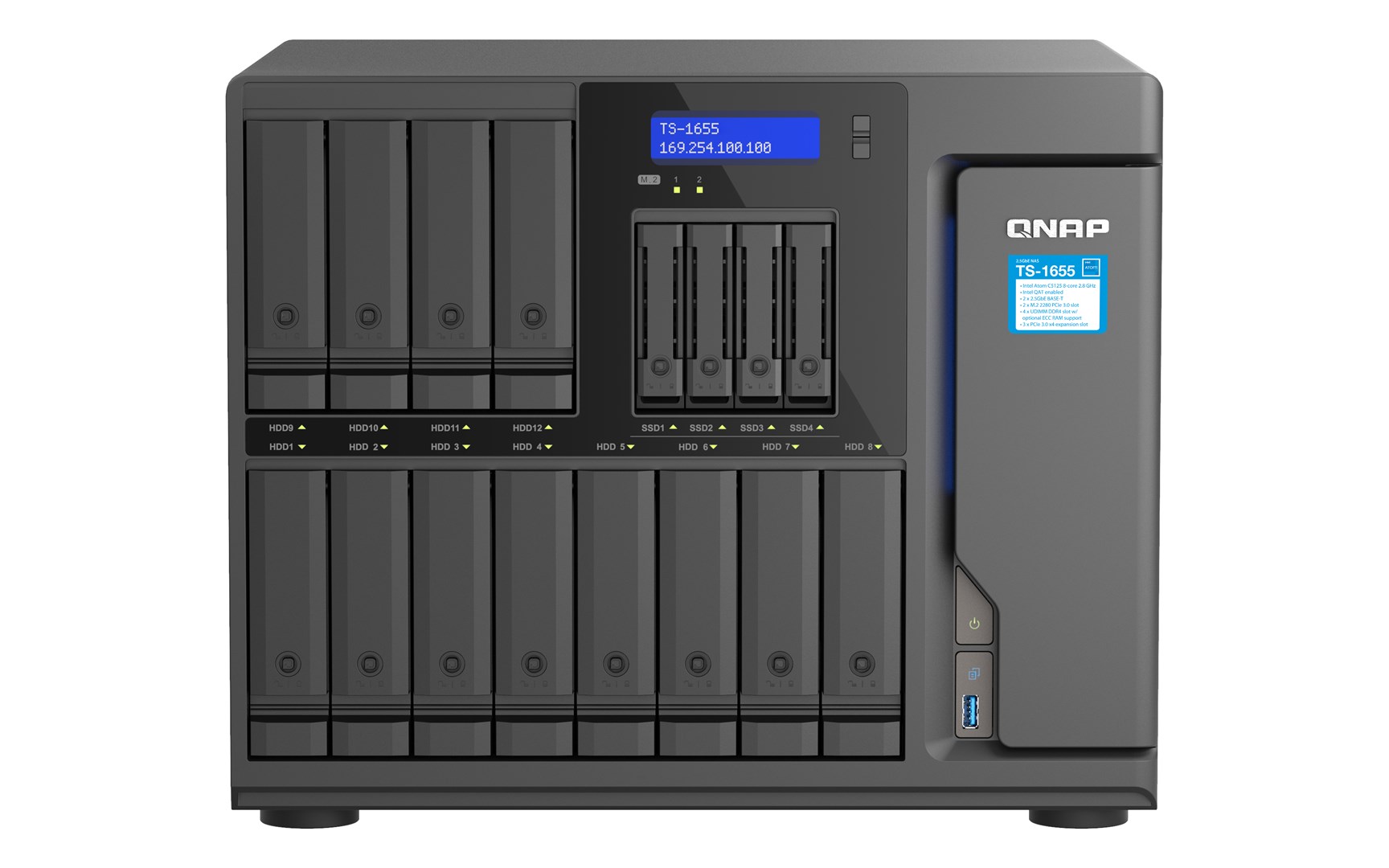 Qnap TS-1655-8G, Tower, 12 x 3.5"/2.5" SATA + 4 x 2.5" SATA, Intel Atom C5125 8C/8T, 8GB DDR4 non-ECC (Max. 256GB), 2 x 2.5GbE, Single PSU, 550W