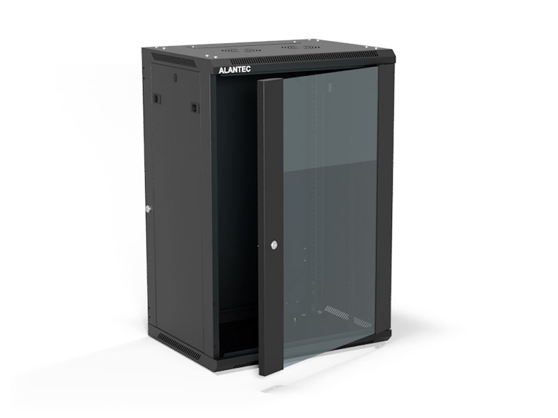 Szafa wisząca 19" 18U 600x450, (opcja dwusekcyjna) drzwi szklane jednoskrzydłowe, tył osłona pełna demontowalna, osłony boczne pełne demontowalne zamykane na klucz, 4 belki, kolor czarny, ALANTEC