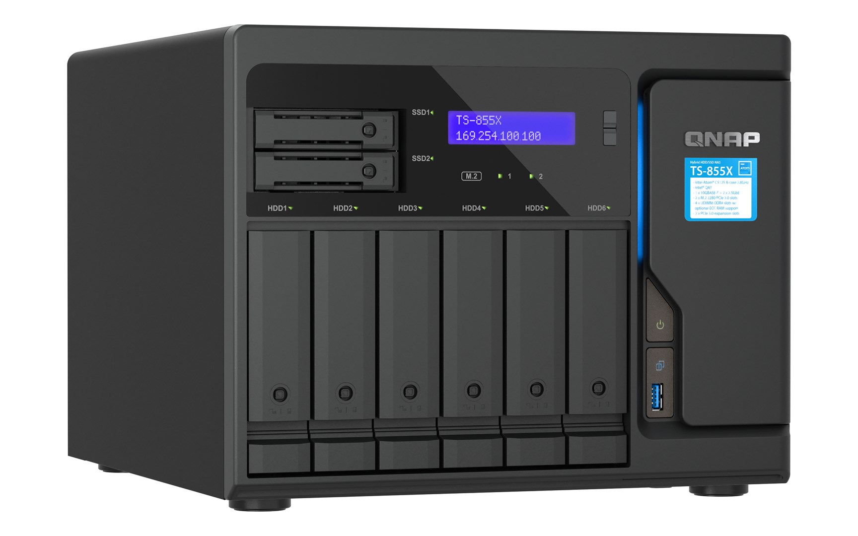 Qnap TS-855X-8G, Tower, 6 x 3.5"/2.5" SATA + 2 x 2.5" SATA, Intel Atom C5125 8C/8T, 8GB DDR4 non-ECC (Max. 128GB), 1 x 10GbE + 2 x 2.5GbE, Single PSU, 250W