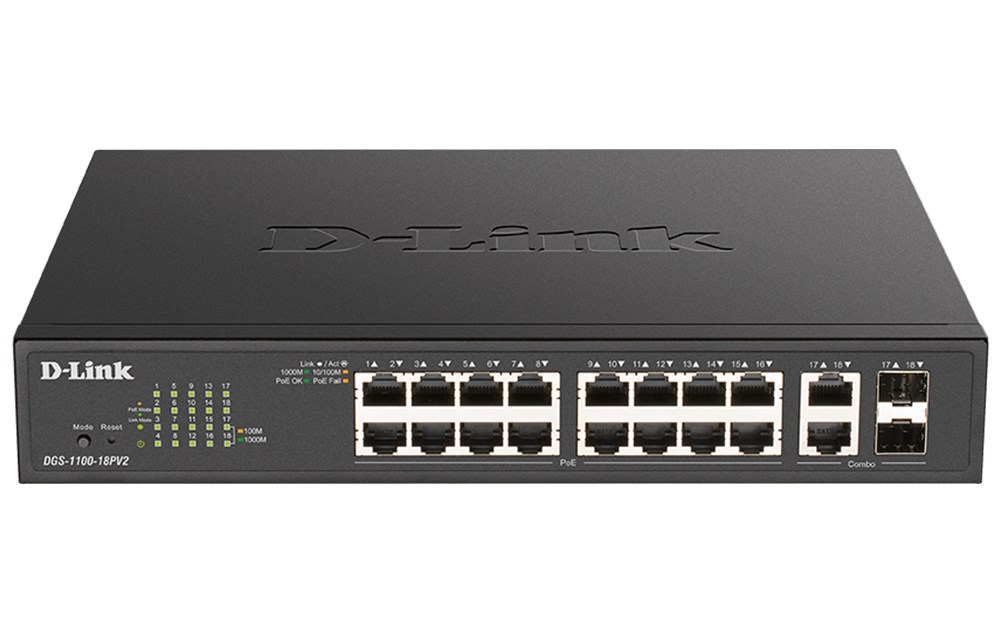 D-Link DGS-1100-18PV2 przełącznik sieciowy Zarządzany L2 Gigabit Ethernet (10/100/1000) Obsługa PoE 1U Czarny
