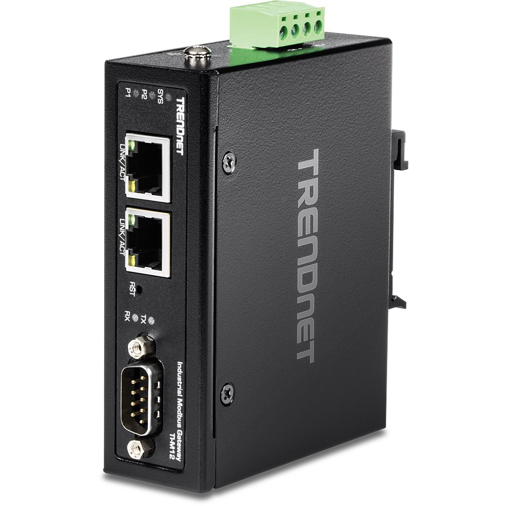 Brama przemysłowa TRENDnet TI-M12 - 100Mb LAN, RS-232, RS-485, Modbus, RS-442 - DC - Możliwość montażu na ścianie / szynie DIN - Zgodny z TAA