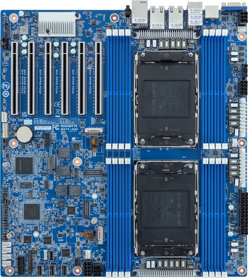 Płyta główna Gigabyte MS74-HB0 2x LGA4710 Intel Xeon 6 SoC (16x DIMM, 3x SlimSAS (12x SATA), 2xM.2, 2x10Gbe, 2x1Gbe, IPMI, E-ATX)