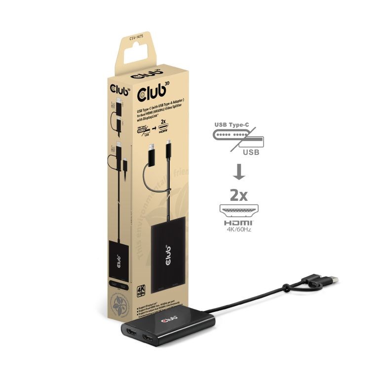 CLUB3D CSV-1475 rozgałęziacz telewizyjny USB Type-C 2x HDMI