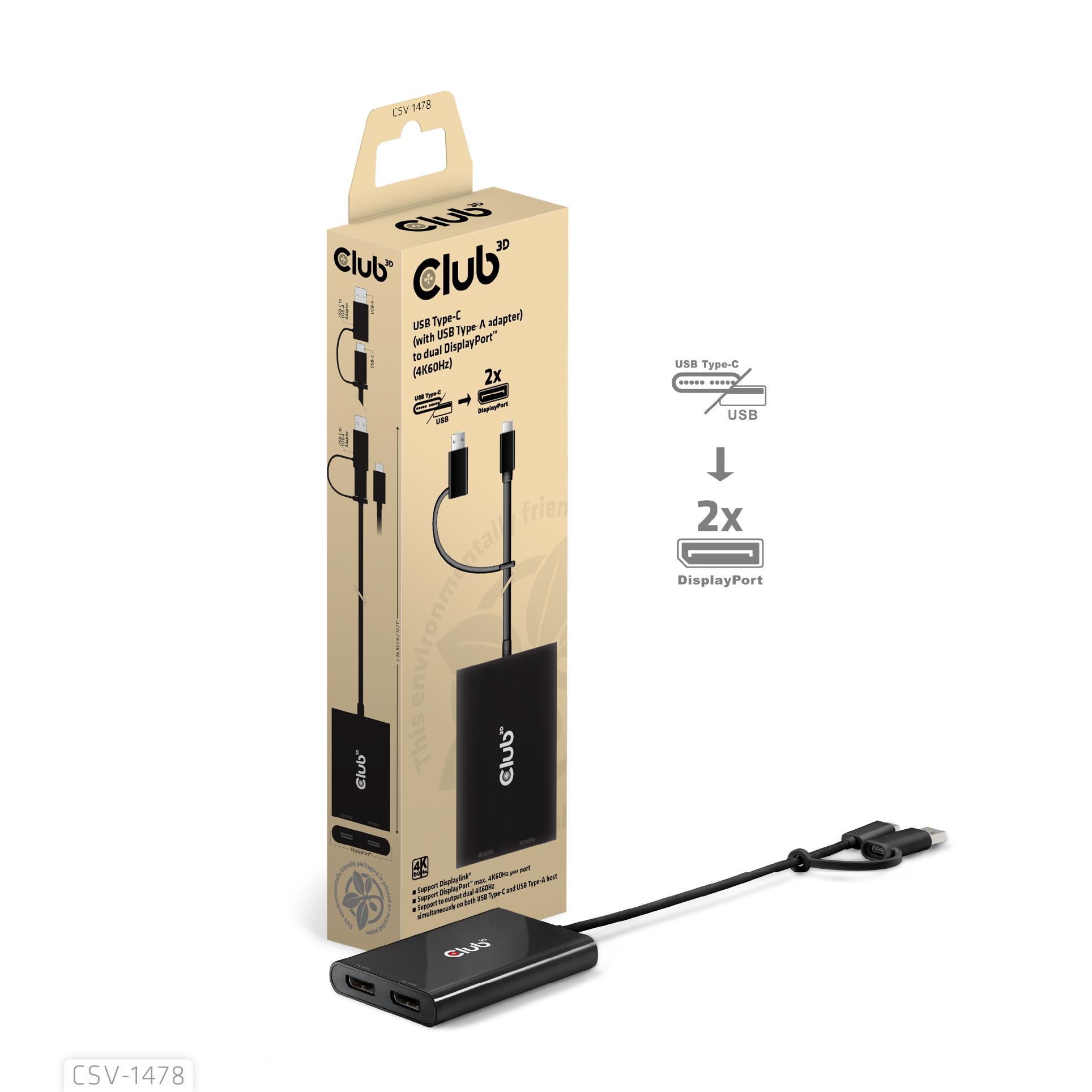 Club3D Adapter USB-C (USB A Adapter) > 2x DP 4K@60Hz St/Bu retail