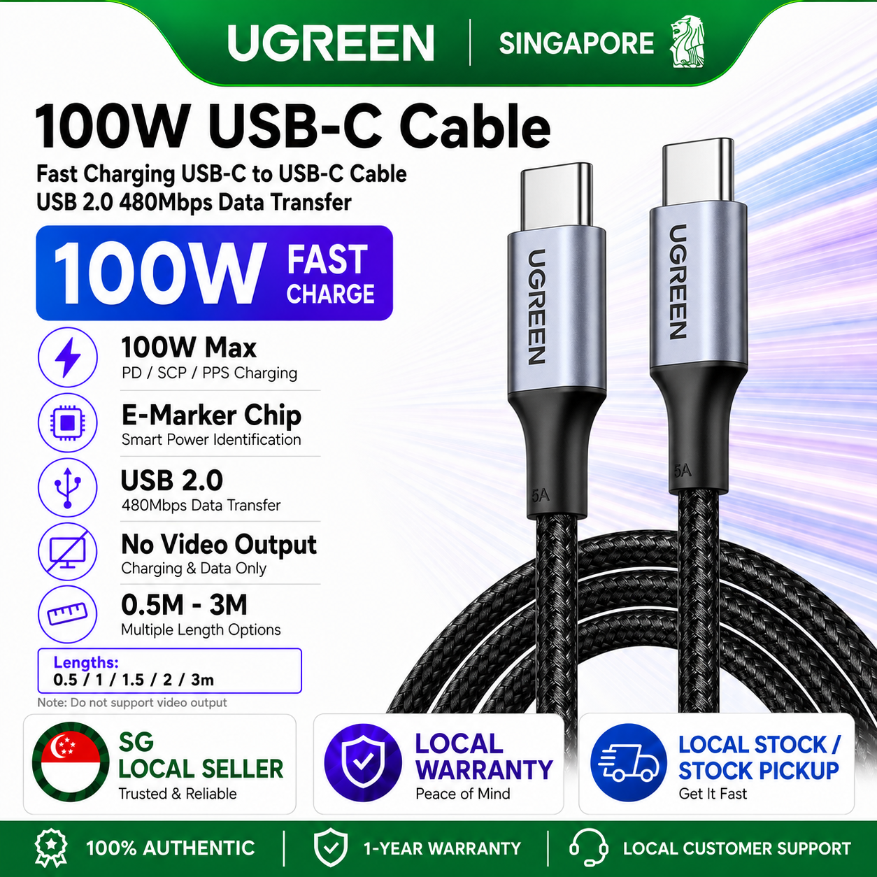 100W USB-C auf USB-C Ladekabel (Nylon) (schwarz, 1 Meter, PD 100 Watt)