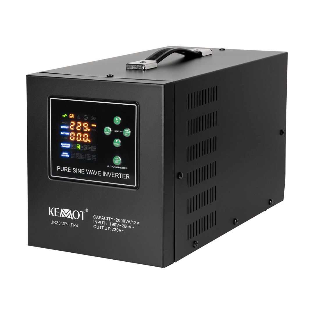 Zasilacz awaryjny KEMOT PROsinus-2000 przetwornica z czystym przebiegiem sinusoidalnym i funkcją ładowania 12V 230V 2000VA/1200W