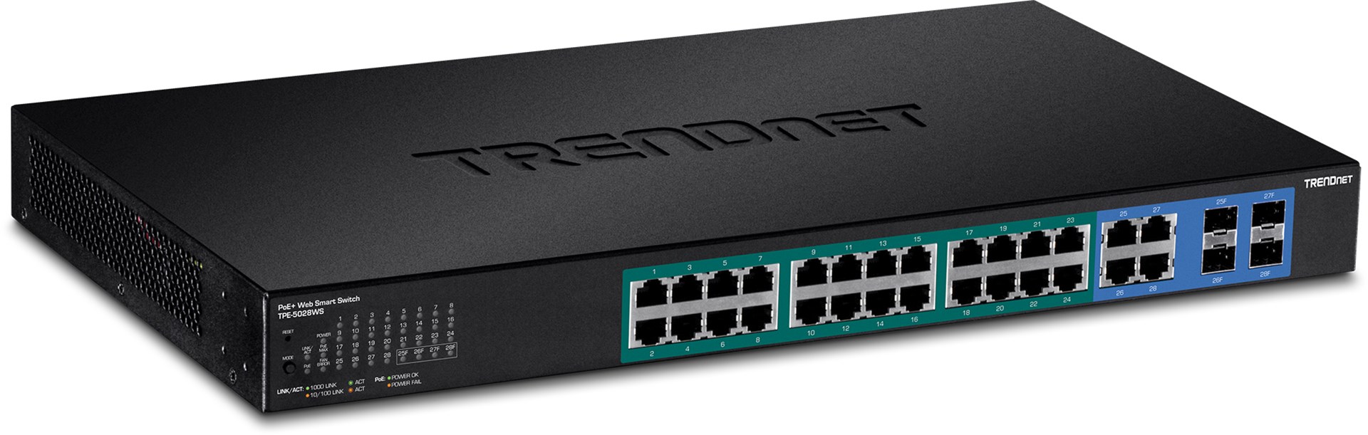 Przełącznik TRENDnet 28 portów zarządzalny Gbit PoE+ 370W WebSmart 19"