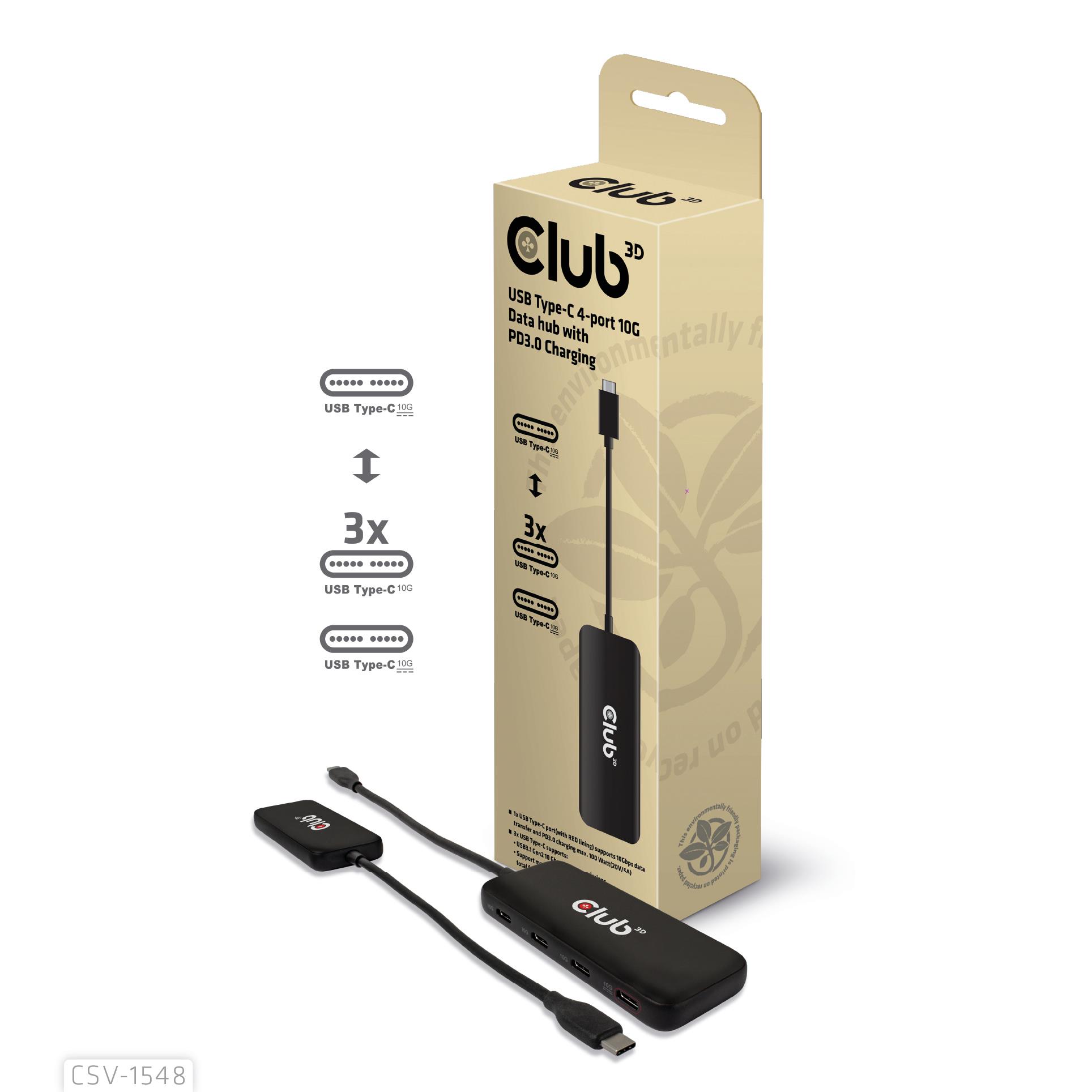Club3D USB-Hub Typ C > 4x USB Typ C 10Gbps + 100W PD St/Bu retail