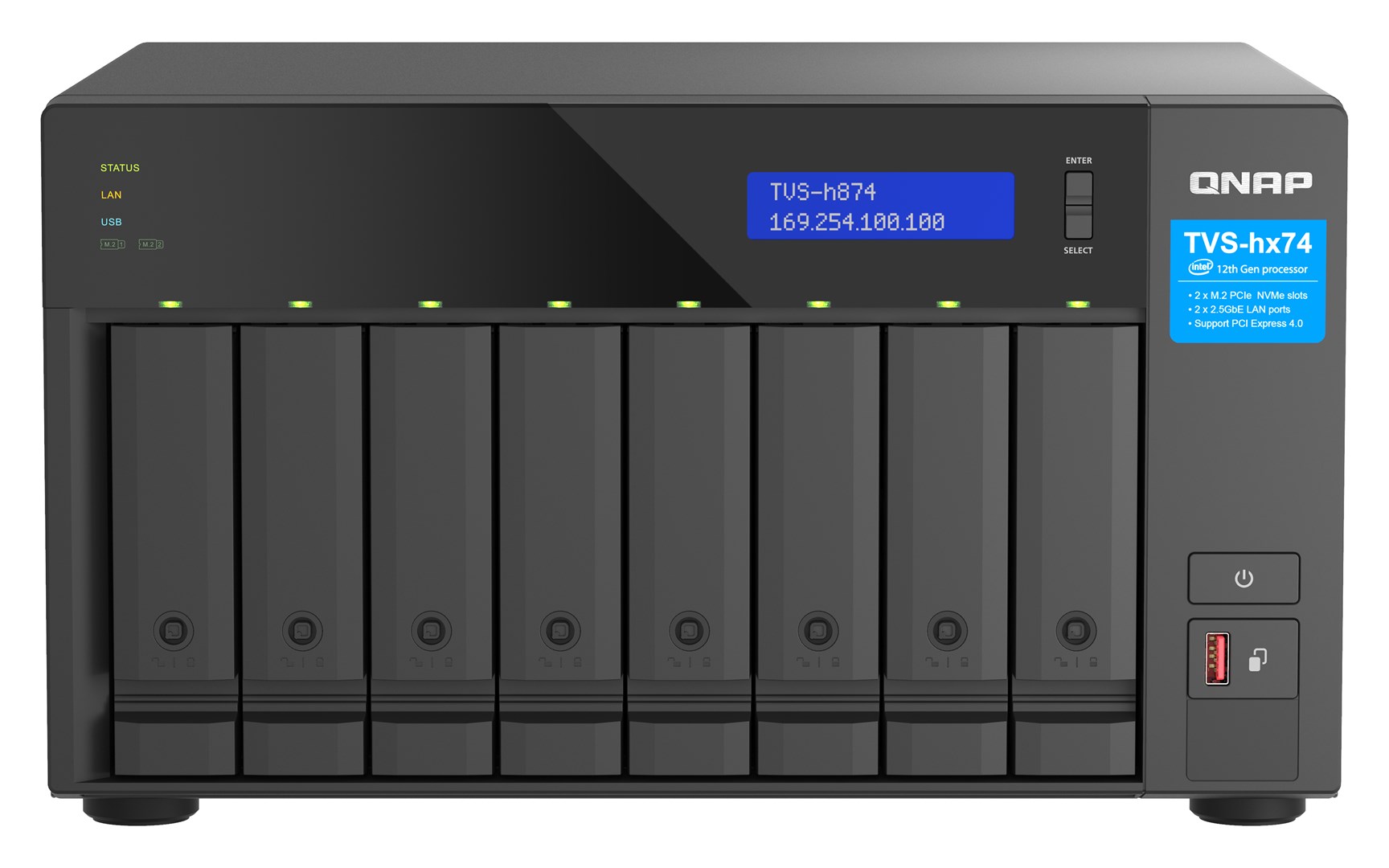 Qnap TVS-h874-i7-32G, Tower, 8 x 2.5"/3.5" SATA, Intel Core i7 12C/20T, 32GB DDR4 (max. 64GB), 2 x 2.5GbE, Single PSU, 350W