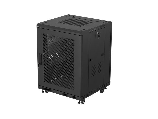 Szafa instalacyjna RACK stojąca 19" 15U 600x600 czarna drzwi perforowane Lanberg (flat pack)