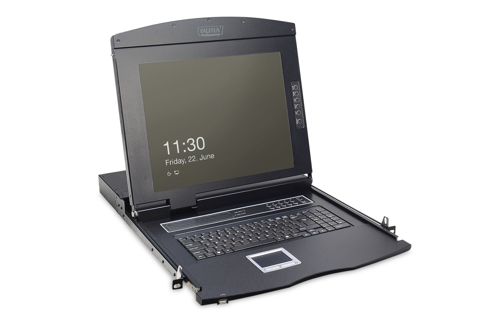 Digitus Konsola modułowa z monitorem TFT o przekątnej 17” (43,2 cm), 8-portowym przełącznikiem KVM & touchpadem, klawiatura amerykańska