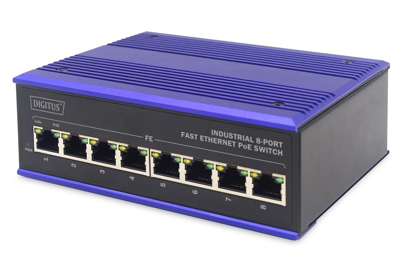 Przemysłowy switch 8x 100Base-TX PoE 240W DIN rozszerzony zakres temp.