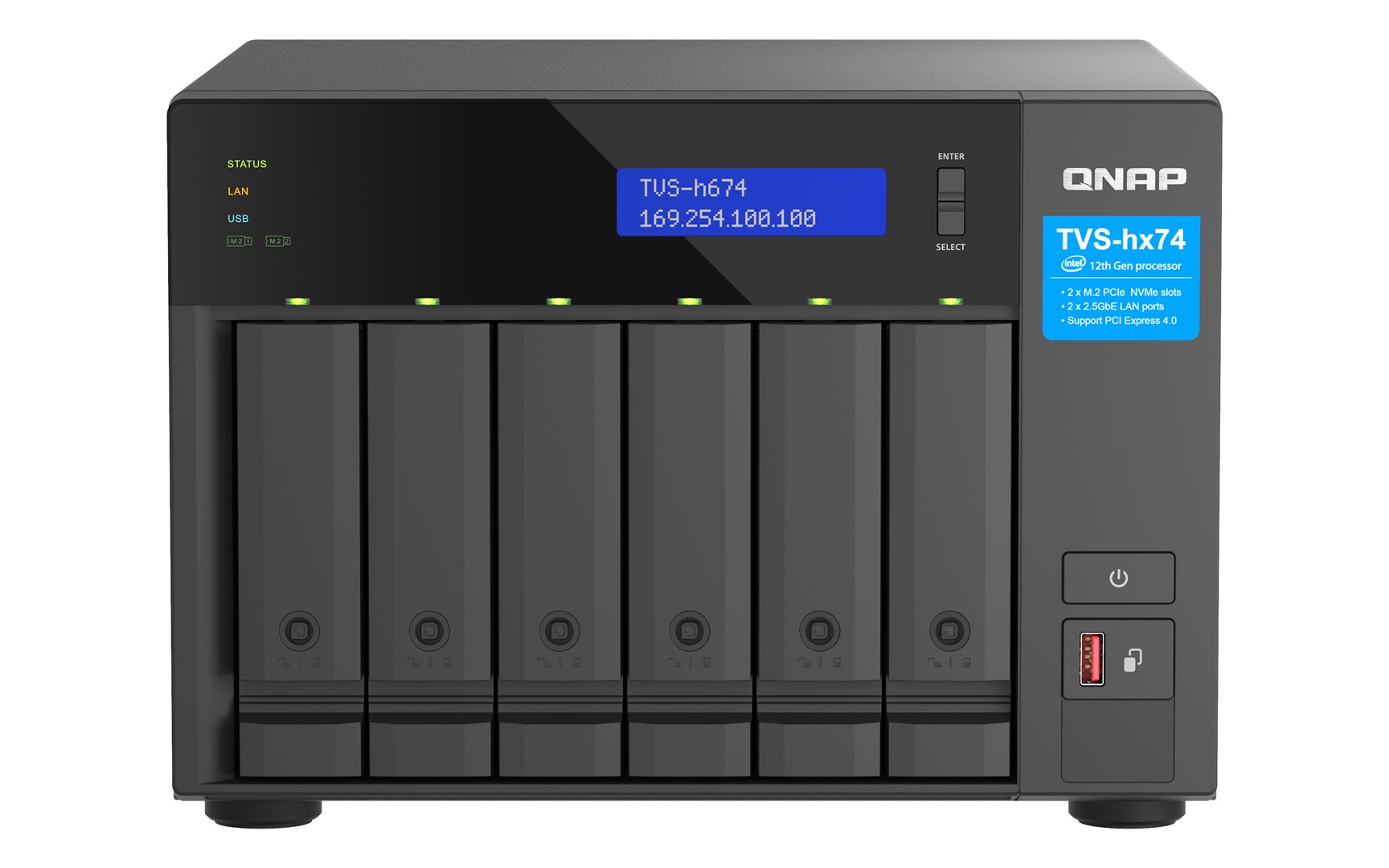 Qnap TVS-h674-i3-16G, Tower, 6 x 2.5"/3.5" SATA, Intel Core i3-12100 4C/8T, 16GB DDR4 SODIMM (Max. 128GB), 2 x 2.5GbE, Single PSU, 250W