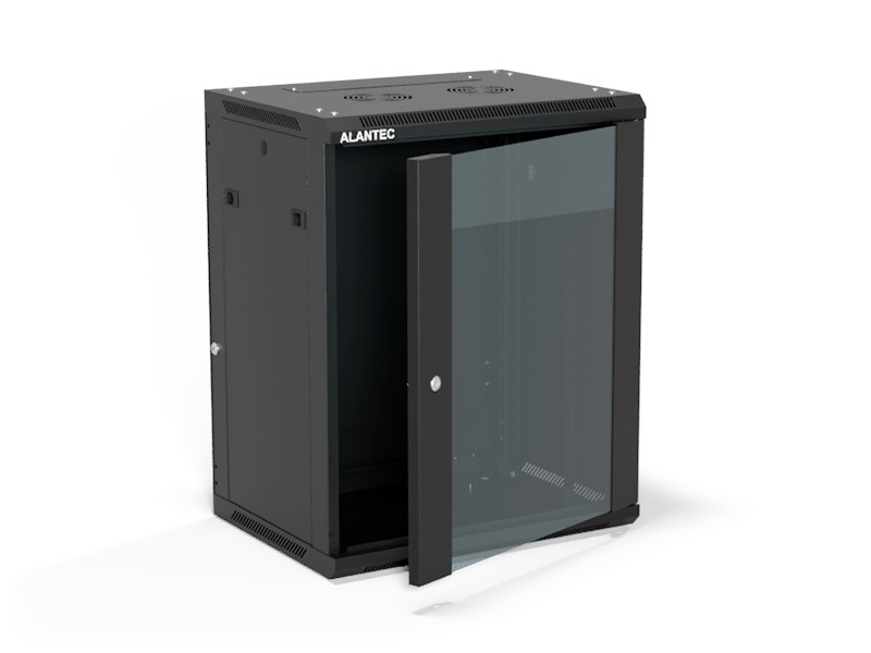 Szafa wisząca 19" 15U 600x450, (opcja dwusekcyjna) drzwi szklane jednoskrzydłowe, tył osłona pełna demontowalna, osłony boczne pełne demontowalne zamykane na klucz, 4 belki, kolor czarny, ALANTEC