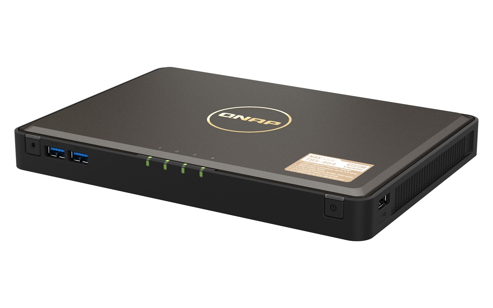 Qnap TBS-464-8G, Compact, 4 x M.2 2280 PCIe, Intel Celeron N5105/N5095 Quad Core, onboard 8GB DDR4 (not expandable), 2 x 2.5GbE, External adapter (PSU)