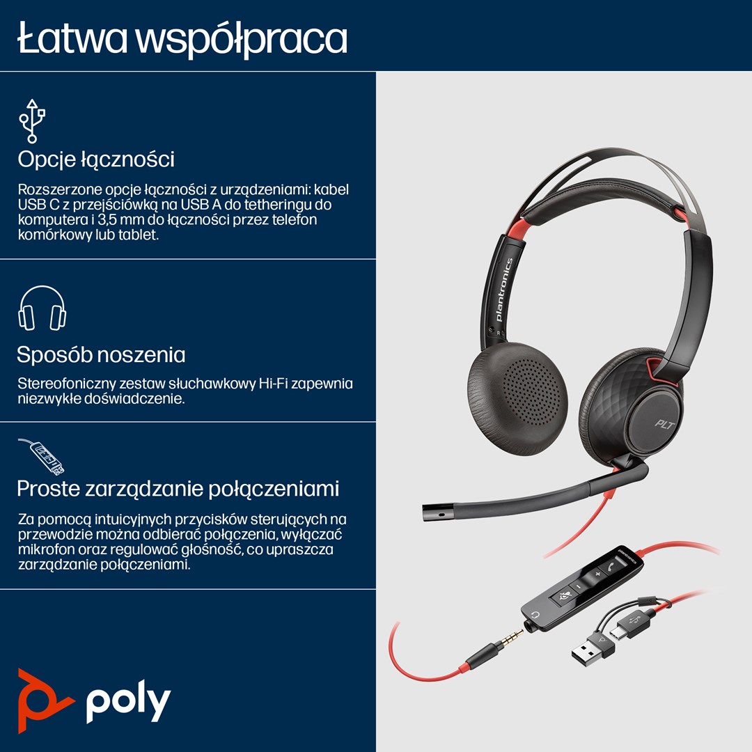 Poly Blackwire 5220 Stereo USB-C Headset +3.5mm Plug +USB-C/A Adapter