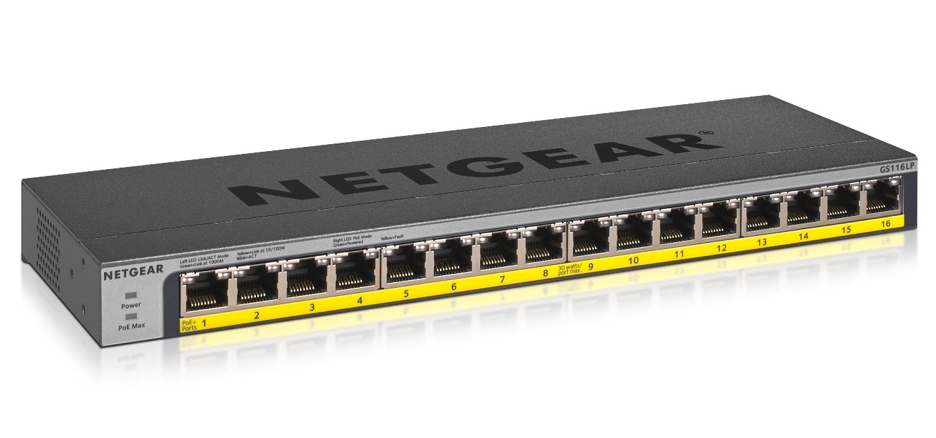 Switch Netgear GS116LP-100EUS 16p PoE 76W* (PoE+: 16p) Unmanaged Gigabit