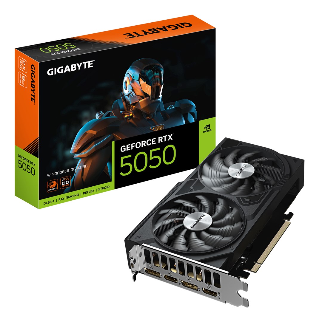 Karta graficzna Gigabyte GeForce RTX 5050 WINDFORCE OC V2 8G, Technologia NVIDIA, 8 GB, GeForce RTX 5050, Pamięć GDDR6, Ilość portów HDMI: 2, Złącze PCI-E 5.0