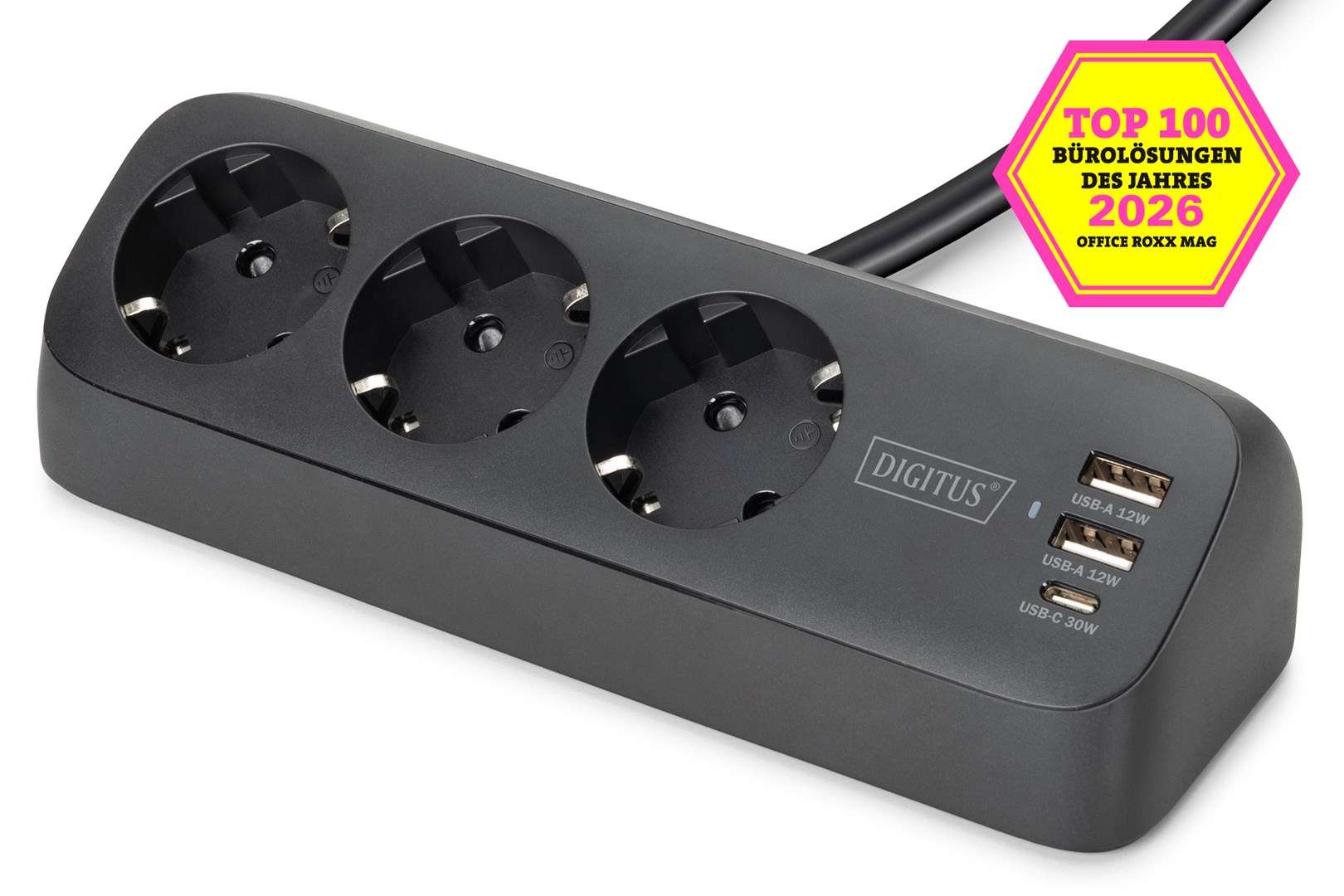 Digitus 3-drożna biurowa listwa zasilająca z 2 złączami USB-A i 1 złączem USB-C, czarna