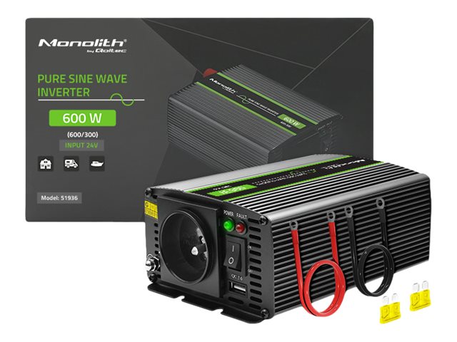 QOLTEC 51936 Przetwornica napięcia Monolith / 300W / 600W / 24V na 230V / Czysty Sinus
