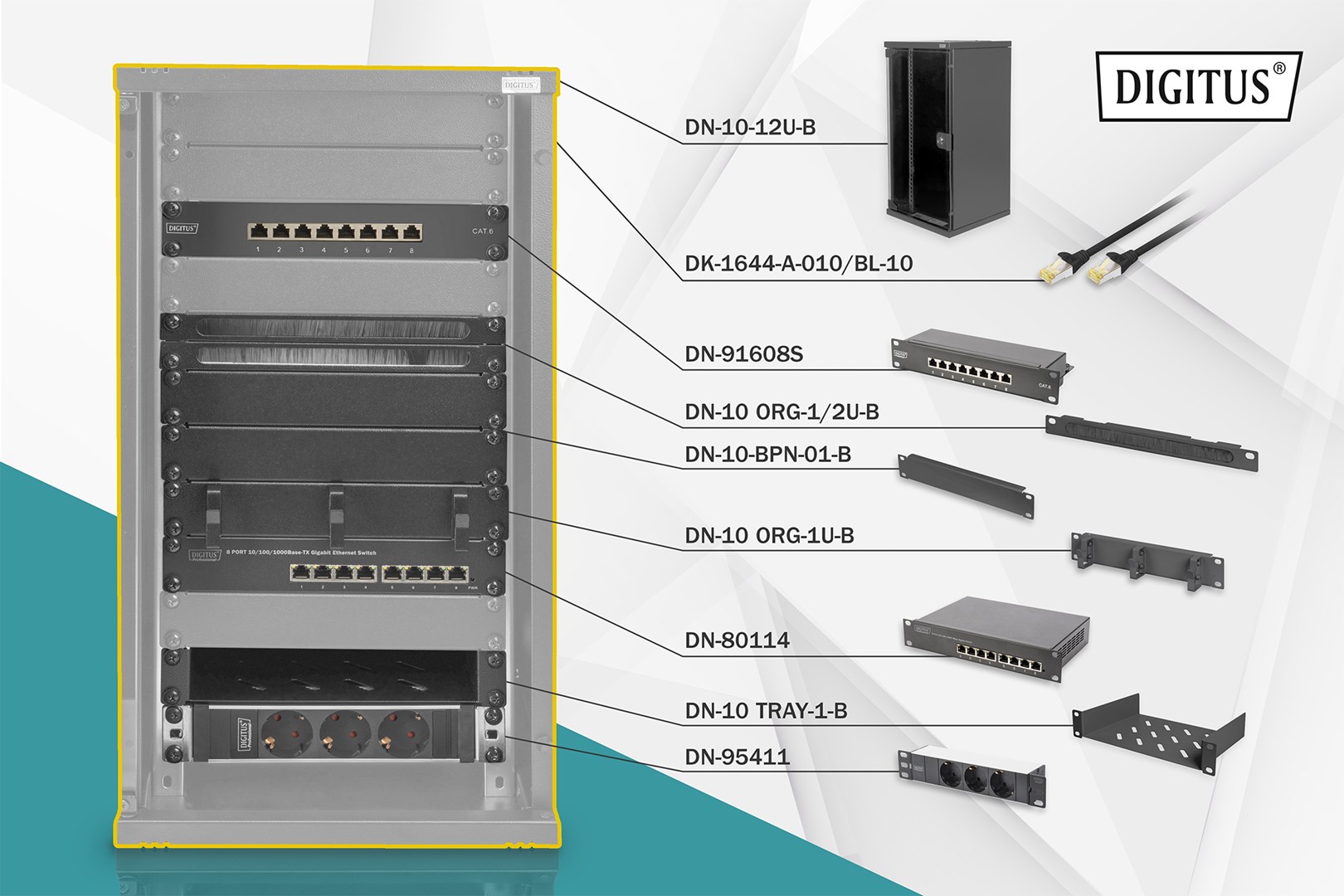 Zestaw sieciowy 10": szafa wisząca 12U, półka, listwa zasilająca, 8-port switch, panel kat.6, czarny