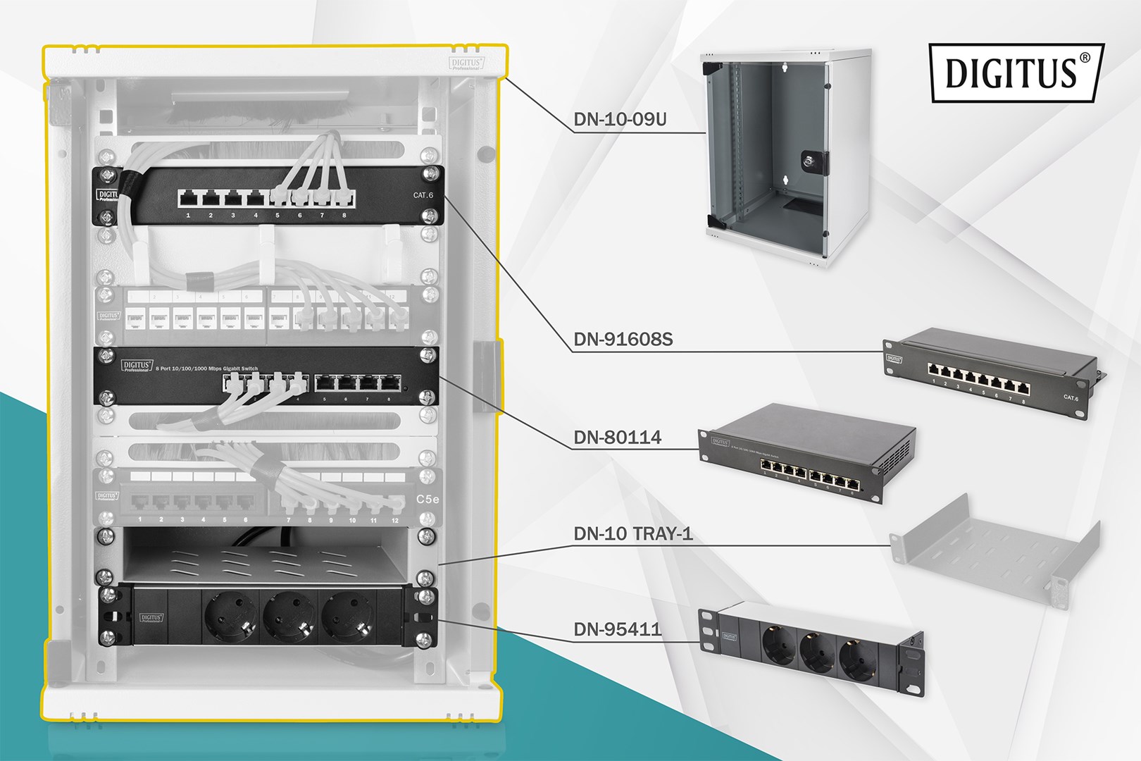 Zestaw sieciowy 10": szafa wisząca 9U, półka, listwa zasilająca, 8-port switch, panel kat.6, szary