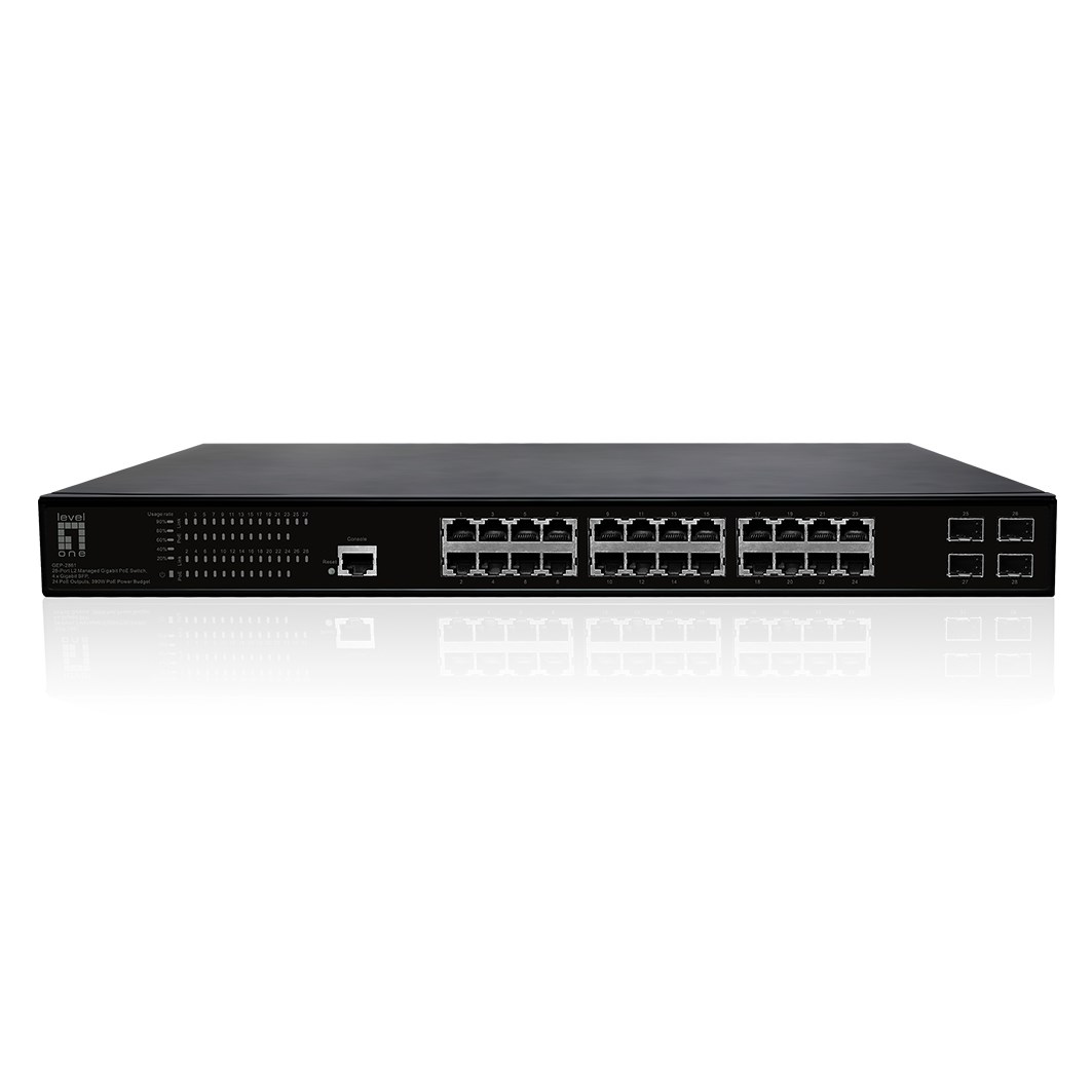 Zarządzalny przełącznik PoE+ LevelOne GB/L2 28-portowy 19" 390W 1Gbps