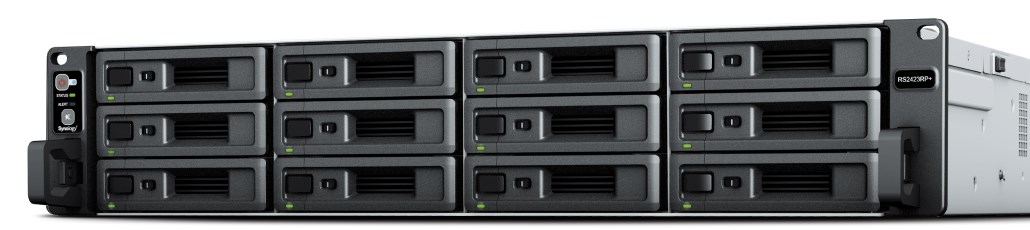 NAS Synology RS2423+; 2U RACK; 12x (3.5" SATA HDD/2.5" SATA SSD); AMD Ryzen V1780B, 8 GB DDR4 ECC UDIMM (max. 32GB), 2x 1GbE RJ-45, 1x 10GbE RJ-45