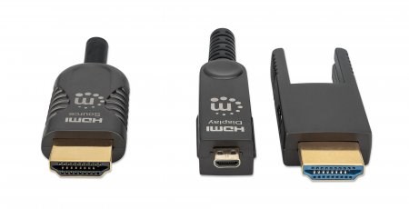 Aktywny kabel światłowodowy MANHATTAN High Speed z odłączanym złączem 4K@60Hz UHD, HDMI męski na Micro HDMI męski (typ D) i odłączany HDMI męski (typ A), 20m, HEC, ARC, styki pozłacane