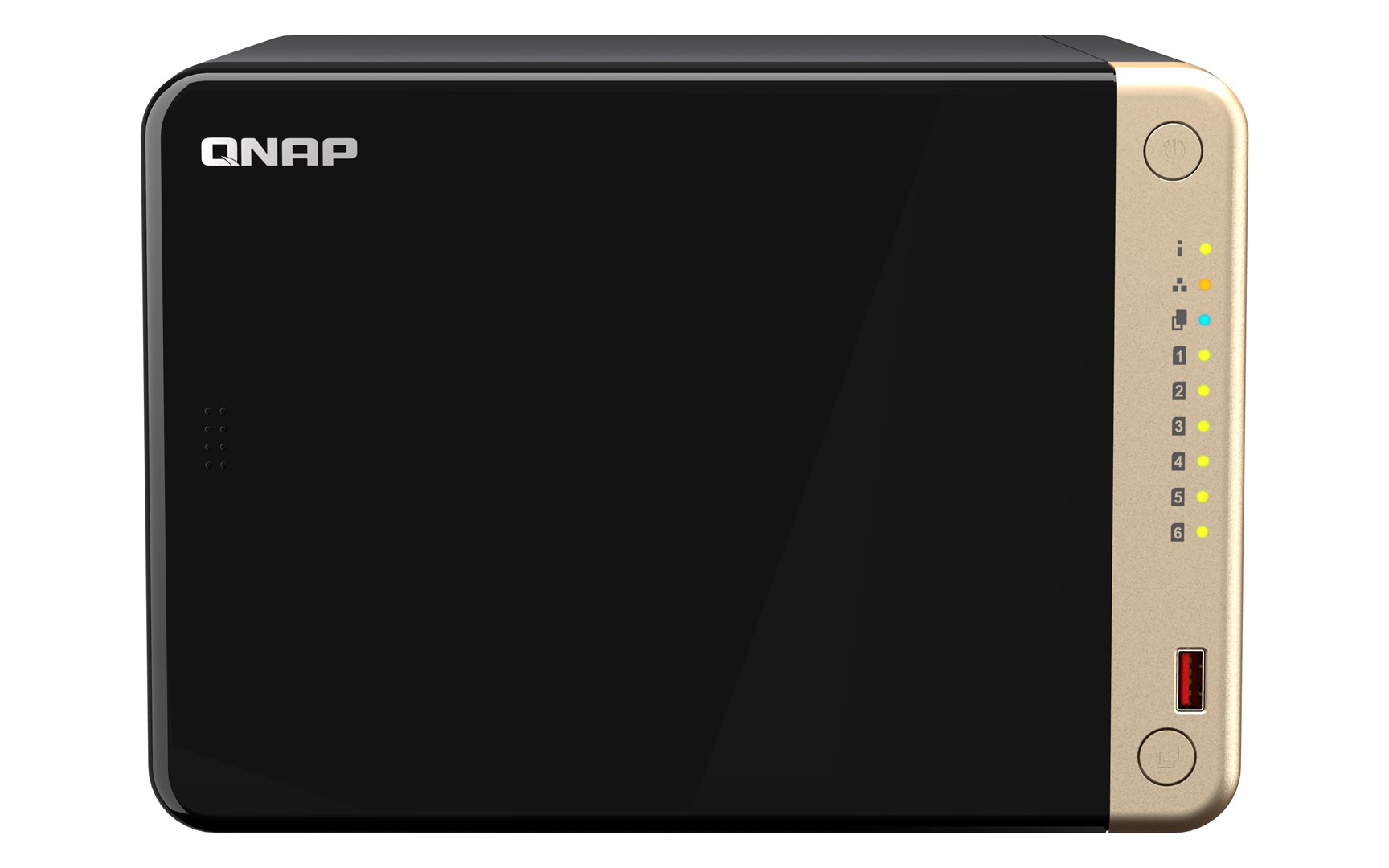 Qnap TS-664-8G, Tower, 6 x 2.5"/3.5" SATA, Intel Celeron N5105/N5095 4C/4T, 8 GB DDR4 onboard not expandable, 2 x 2.5GbE, optional 10GbE, External adapter (PSU)