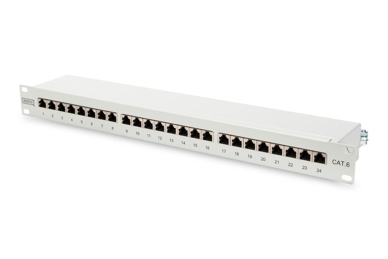 Patch panel DIGITUS DN-91624S-EC 19'' 24x RJ45, LSA poziom, kat.6, ekranowany, 1U, czarny, prowadnica kabli, pola opisowe