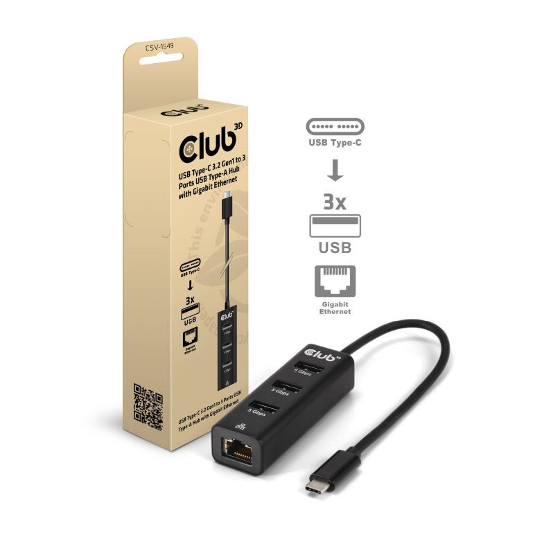 Club3D USB-Hub USB Typ-C 3.2 > 3x USB Typ A 1Gbps retail