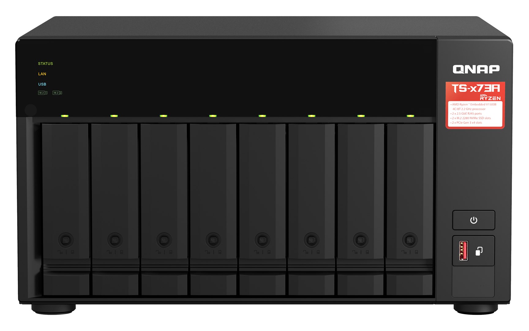 Qnap TS-873A-8G, Tower, 8 x 2.5"/3.5" SATA, AMD Ryzen V1500B 4C/8T, 8GB DDR4 (max. 64GB), 2 x 2.5GbE, optional 10GbE, Single PSU, 250W