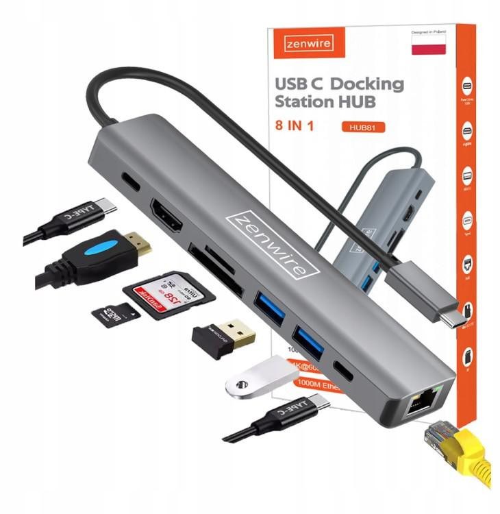 HUB USB-C Przejściówka ADAPTER 8w1 HDMI 2.0 4K 60 Hz Gigabit Ethernet 1000 Mbps Zenwire HUB81