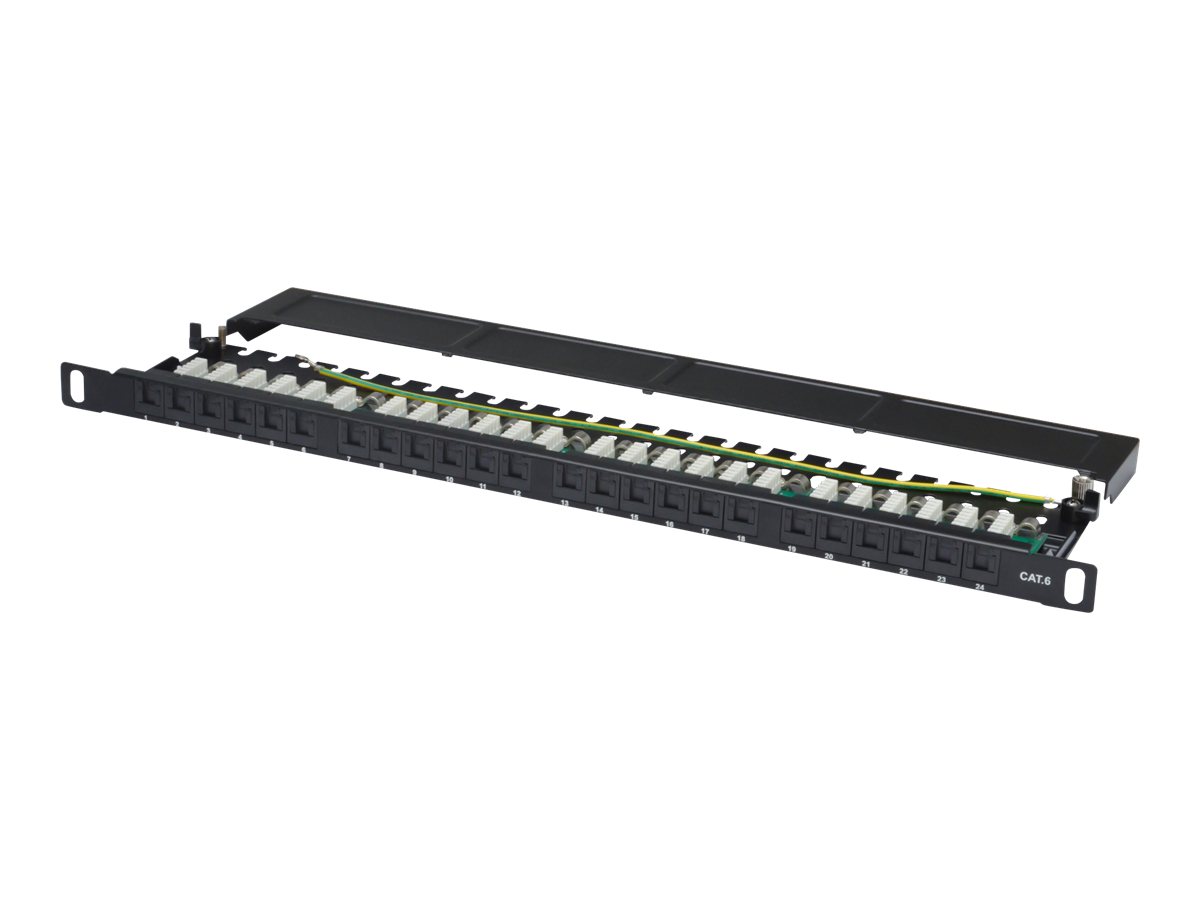 Digitus Panel krosowy (patch panel) high density 19'' 24x RJ45, LSA poziom, kat.6, nieekranowany, 0.5U, czarny, prowadnica kabli