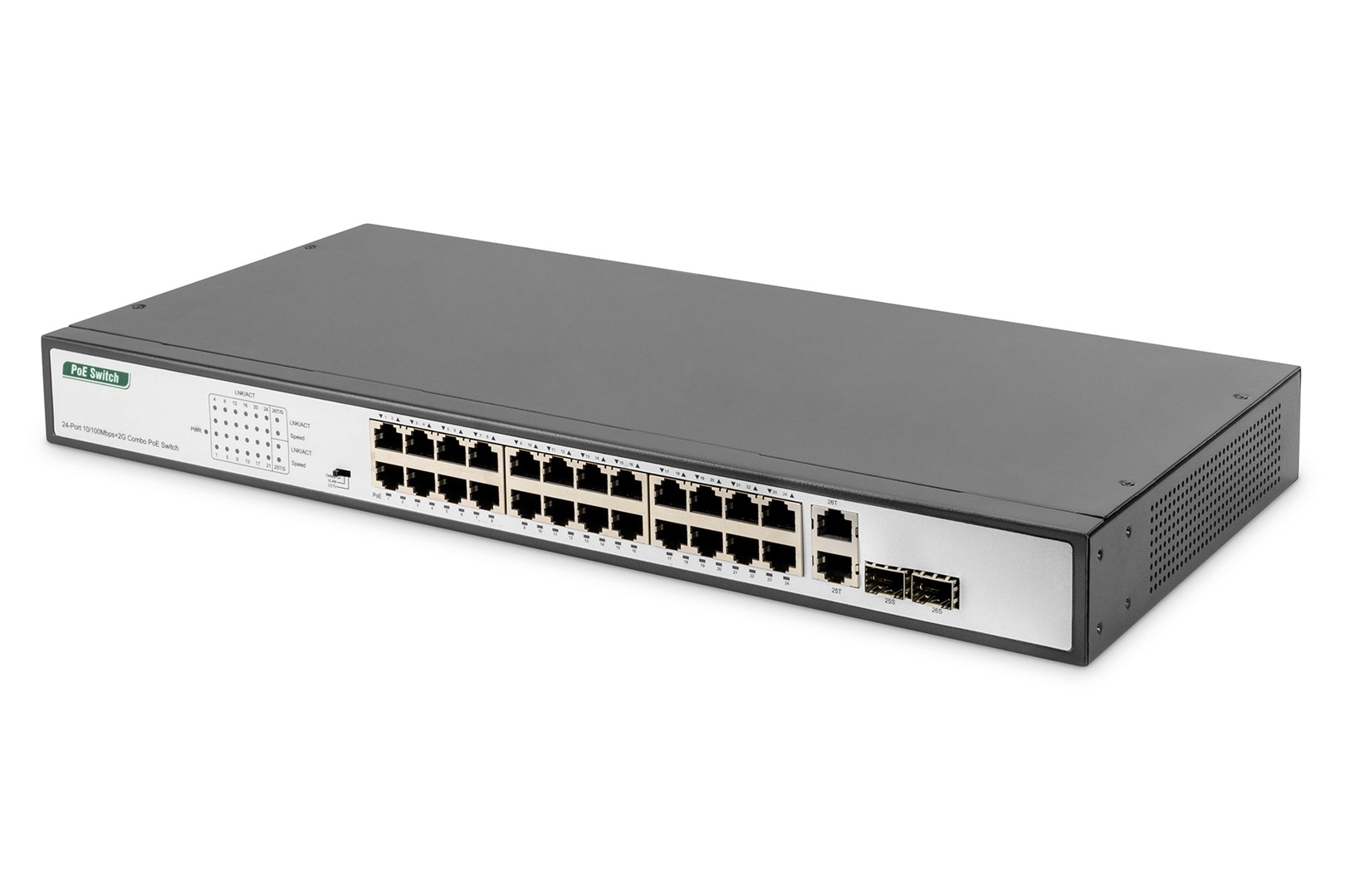 Digitus DN-95343 przełącznik sieciowy Nie zarządzany Fast Ethernet (10/100) Obsługa PoE 1U Czarny, Srebrny