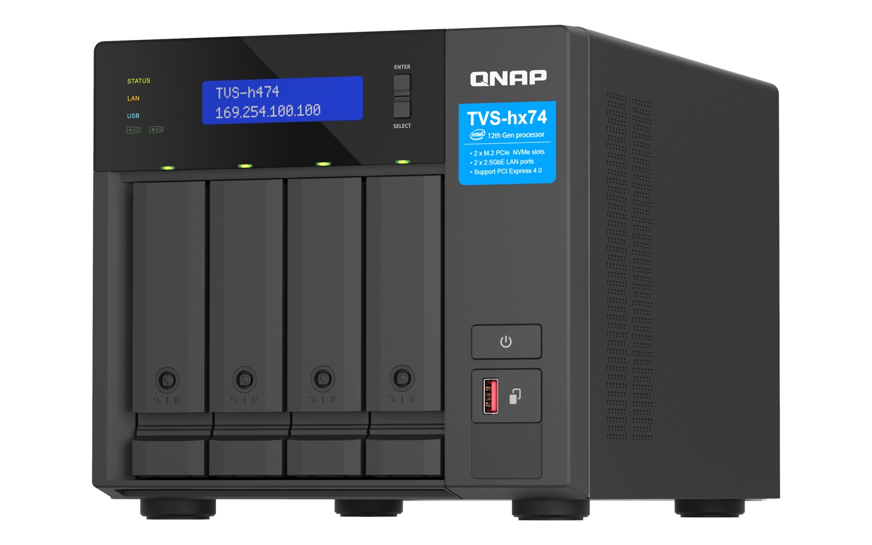 Qnap TVS-h474-PT-8G, Tower, 4 x 2.5"/3.5" SATA , Intel Pentium Gold G7400 2C/4T, 8GB (1x 8GB) DDR4 SODIMM (Max. 128GB), 2 x 2.5GbE, Single PSU, 250W