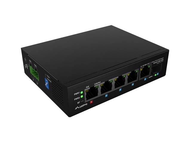 Lanberg ILFE-4P-1GE-1S-90 przełącznik sieciowy Nie zarządzany Fast Ethernet (10/100) Obsługa PoE 1U Czarny