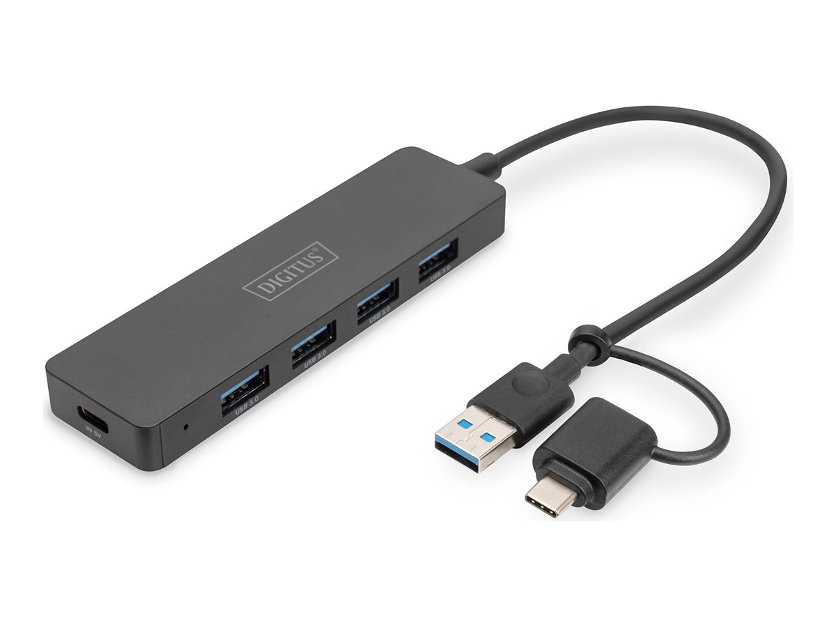 Hub USB 3.0/Koncentrator 4-portowy SlimLine USB A + adapter USB-C 5Gbps, złącze zasilania USB-C