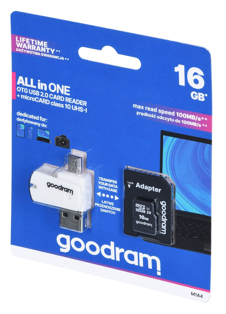 Karta pamięci z adapterem i czytnikiem kart GoodRam All in one M1A4-0160R12 (16GB; Class 10; Adapter, Czytnik kart MicroSDHC, Karta pamięci)