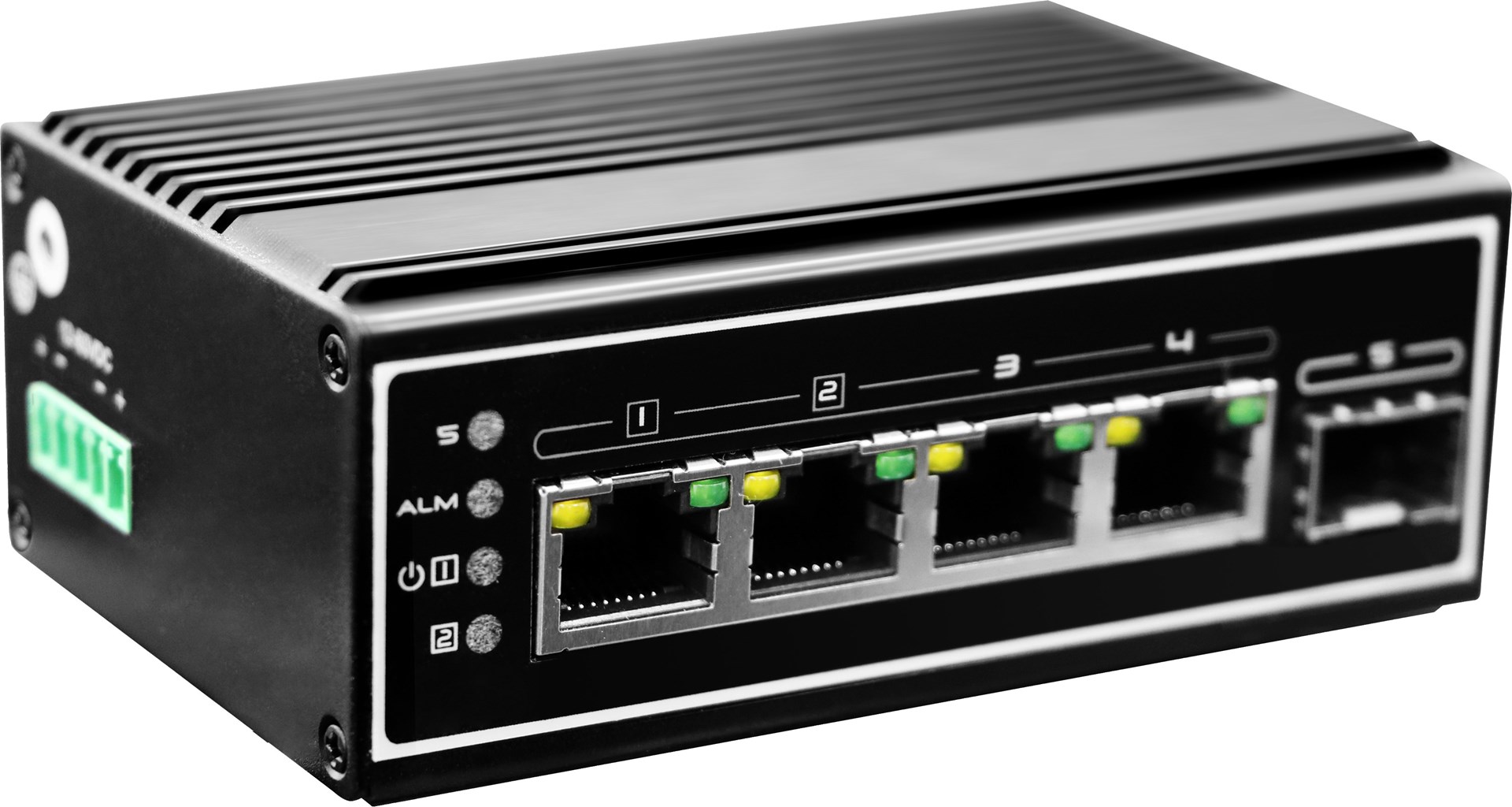 LevelOne IGP-0502 - Przełącznik - -40 °C do 75 °C - 4 x 10/100/1000 (PoE+) + 1 x Gigabit SFP - Biurko, Montaż na szynie DIN, Możliwość montażu na ścianie - PoE+ (120 W) - Zasilanie prądem stałym