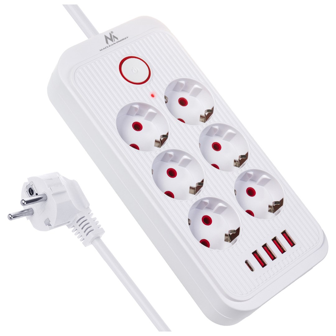 MACLEAN LISTWA ZASILAJĄCA, PRZEDŁUŻACZ 6 GNIAZD + 4XUSB, 110-240V AC 50/60HZ, 2.1A MAX 2500W, 1,5 M, BIAŁA MCE389 W