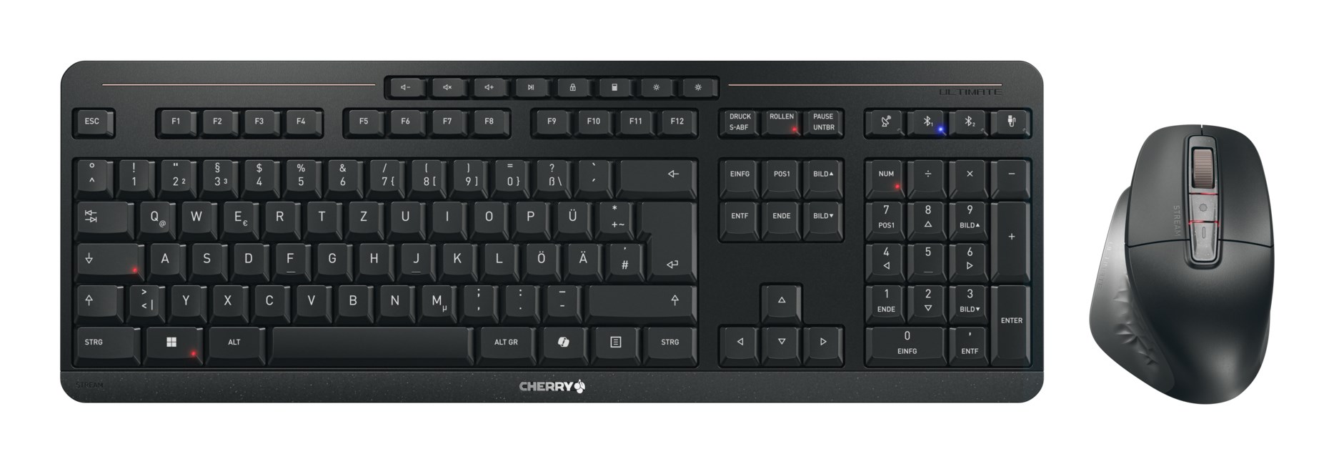 CHERRY Stream desktop ultimate klawiatura Dołączona myszka Dom/Biuro USB + RF Wireless + Bluetooth QWERTZ Niemiecki Czarny