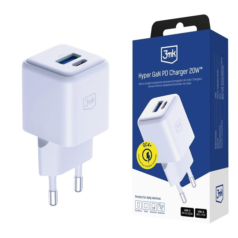 Ładowarka sieciowa Hyper GaN 20W 1xUSB-A 1xUSB-C PD QC4+ biała