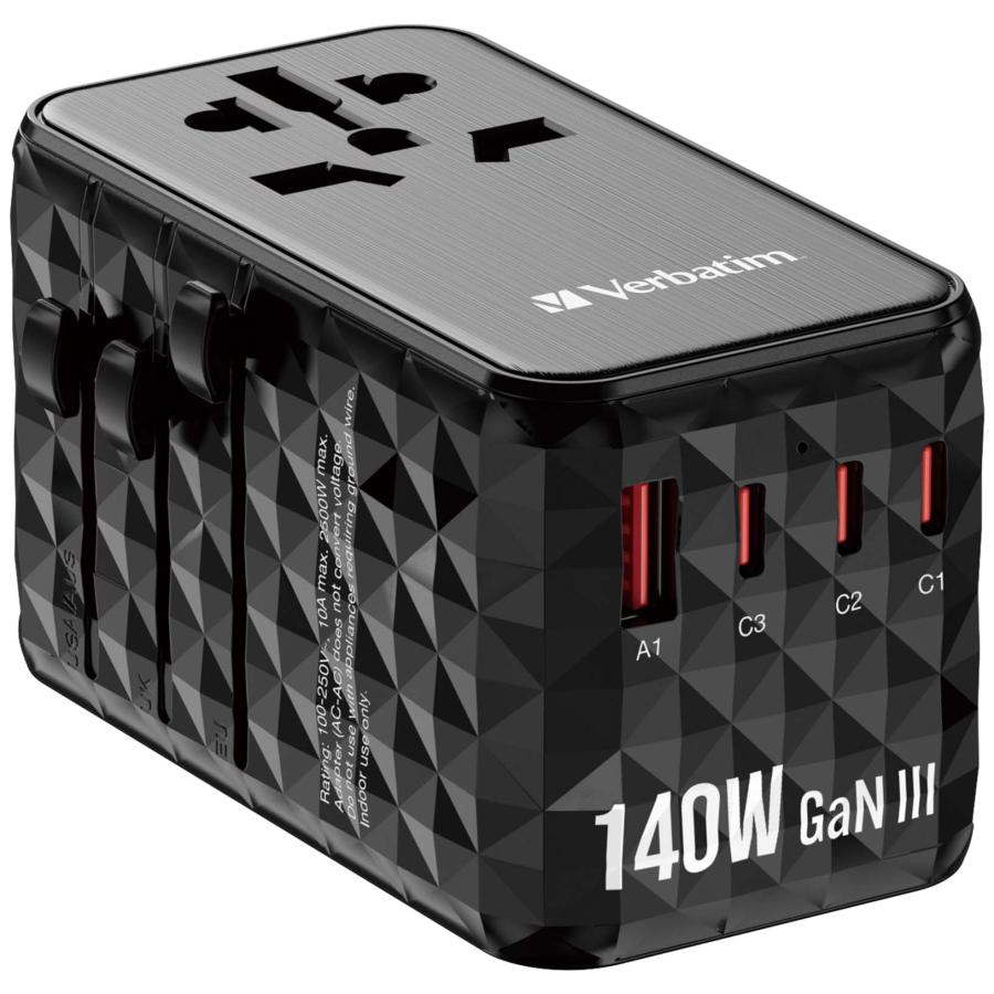 Adapter podróżny Verbatim UTA-10 GaN III globalny 2xUSB-C PD 3.1 QC 4+ 140W, 1xUSB-C PD 3.0 18W, 1xUSB-A QC 3.0 18W