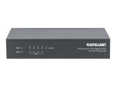 INTELLINET Switch Gigabit 5xPoE Passthrough zasilany PoE lub AC 68W