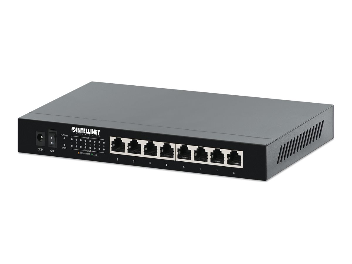 INTELLINET 8-Port 2.5G Ethernet PoE+ Switch 8x10/100/1000/2500 Mbps PSE PoE+ Ports 100W PoE Power Budget Unmanaged Wall-mount Option
