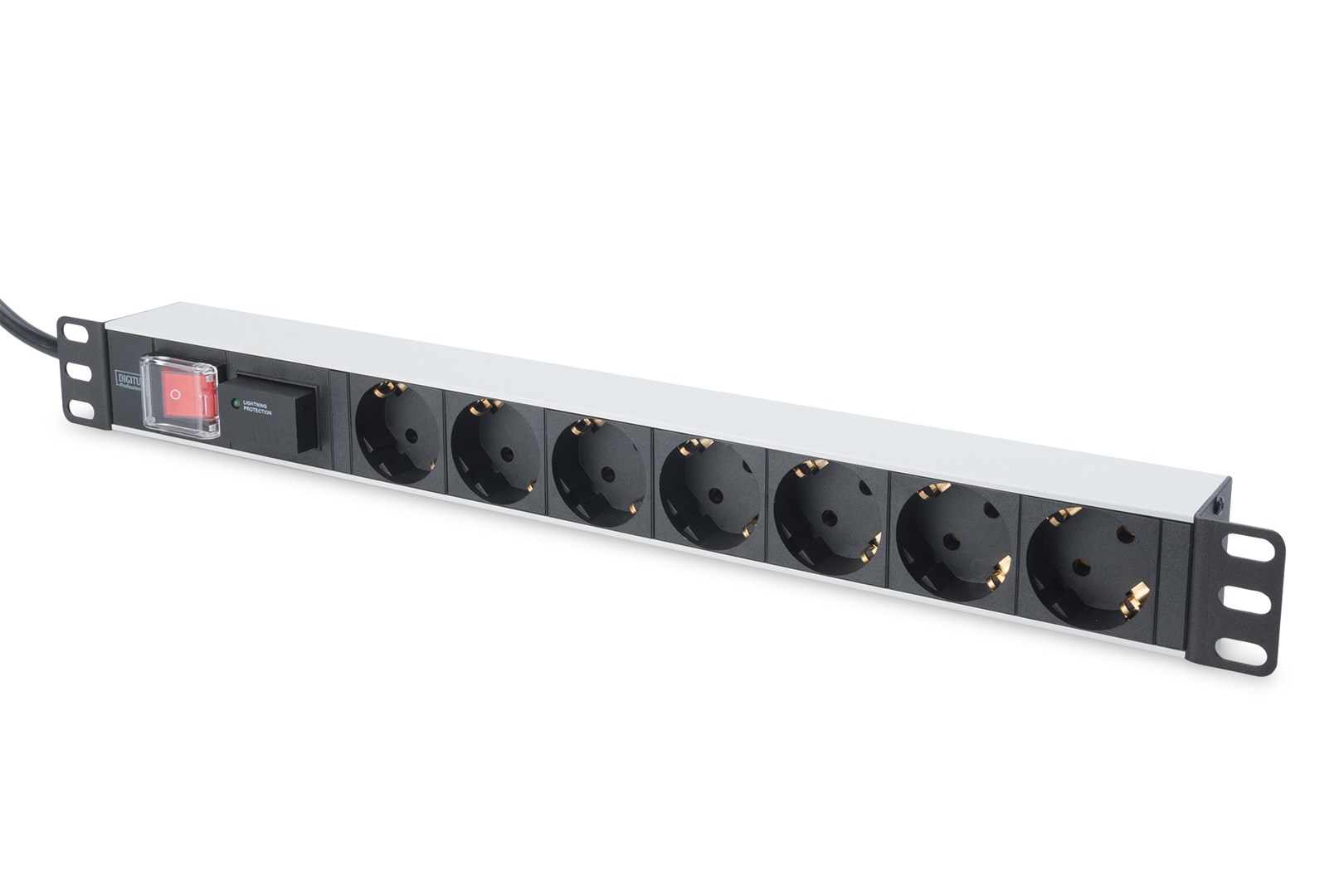 Digitus Listwa zasilająca PDU 19" Rack, 7x gniazdo schuko, 2.0m, 1x wtyk unischuko, 16A, wł./wył., zabezpieczenie przepięciowe, profil aluminiowy