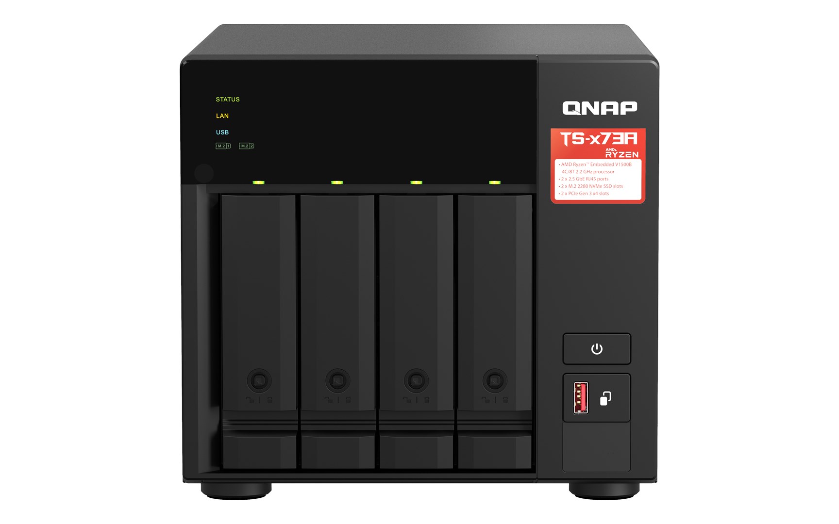 Qnap TS-473A-8G, Tower, 4 x 2.5"/3.5" SATA , AMD Ryzen V1500B 4C/8T, 8GB DDR4 (Max. 64GB), 2 x 2.5GbE, optional 10GbE, Single PSU, 250W